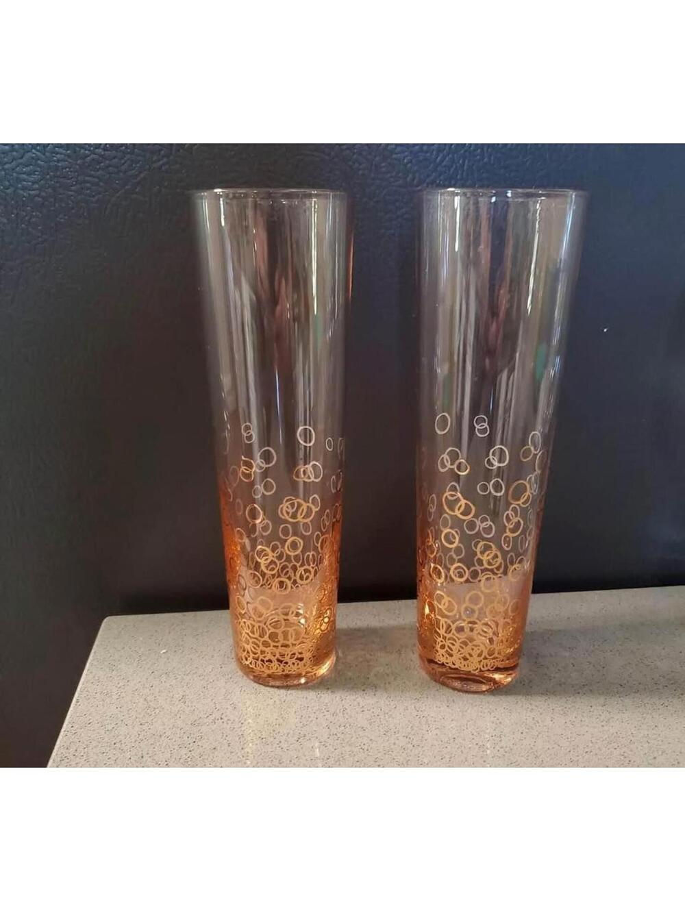 Rose Gold Glass w/ Metallic Rings Design Champagne Drinking Glasses set 2 - 7”